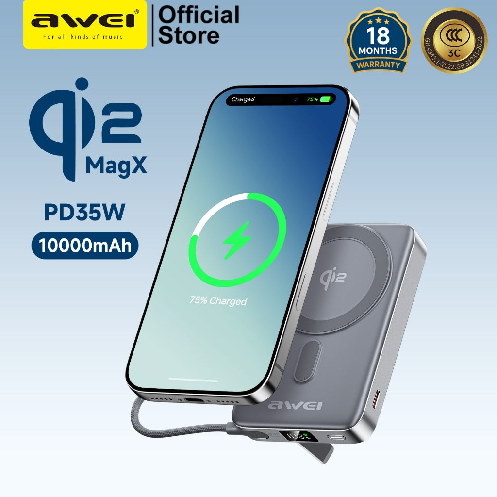 พาวเวอร์แบงค์แม่เหล็ก Awei Qi2 35W 10000mAh MagX